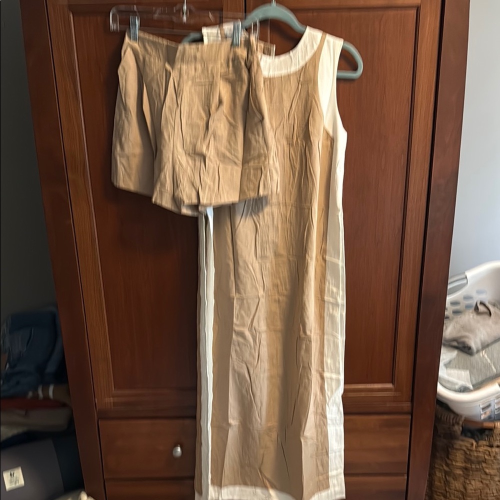 Beige Two-Piece Linen Shorts and Sleeveless Dress Set